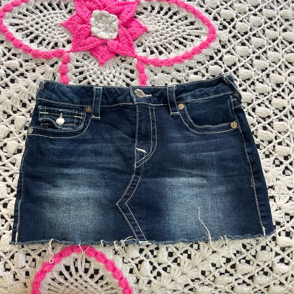 True Religion Dark Wash Denim Micro Mini  Skirt with Red Accent